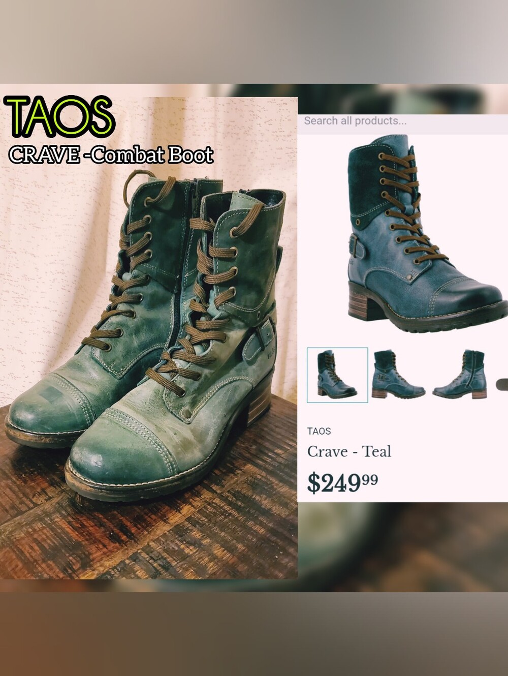 TAOS Crave Boots Teal Green Leather Suede Zip Lace Combat Womens EU39 US 8-8.5